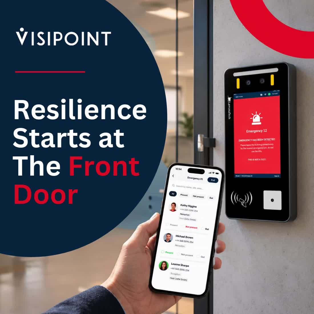 Closing frame of a short video reading Resilience Starts at the Front, with a kiosk showing an emergency alert