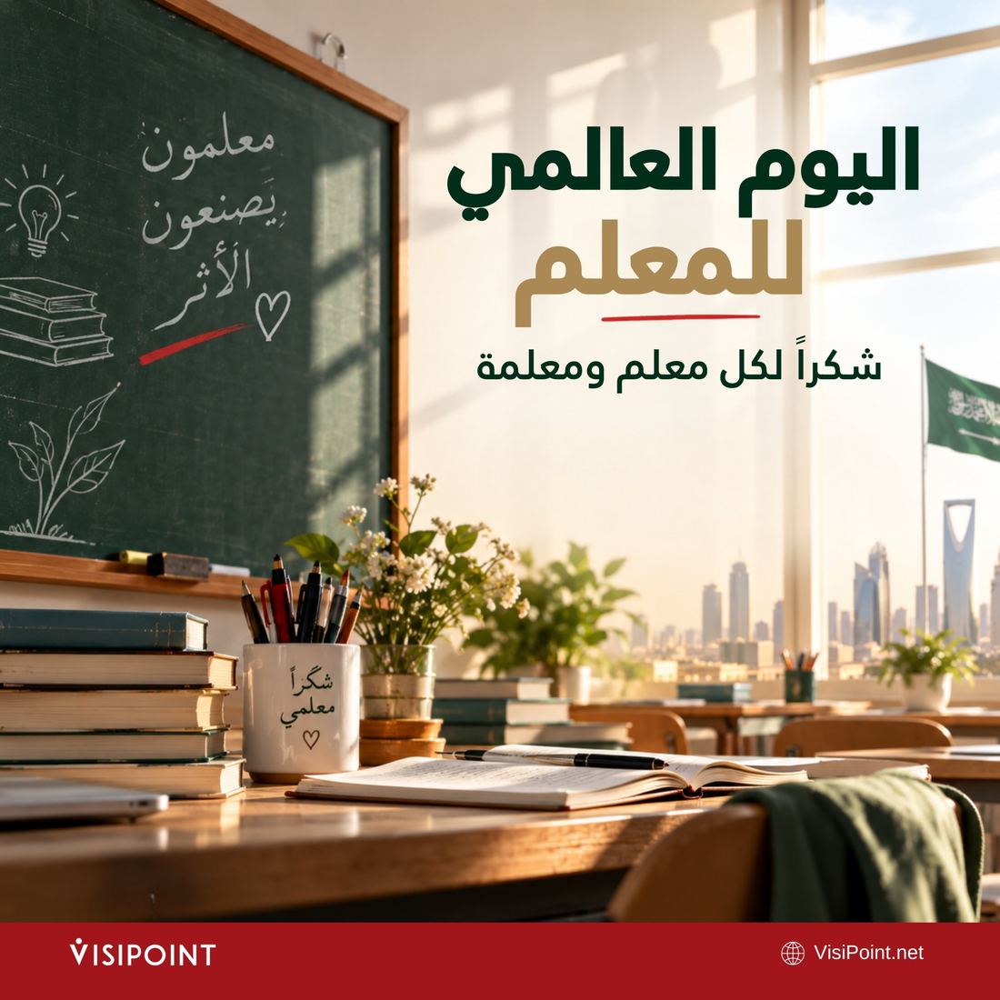 Arabic World Teachers Day graphic with a classroom scene and chalkboard
